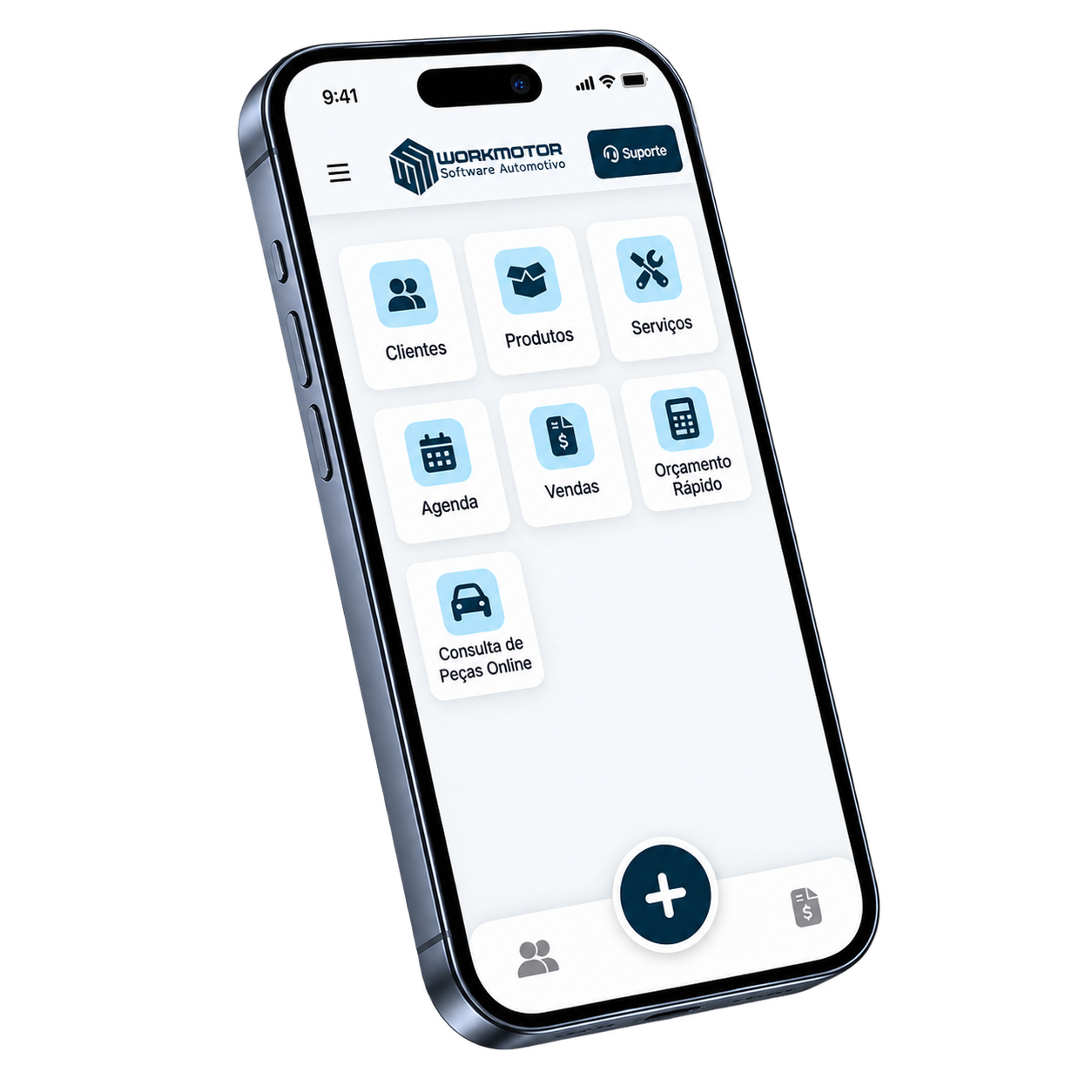 App WorkMotor com acesso rápido a clientes, produtos, serviços, agenda, vendas, orçamento e consulta de peças